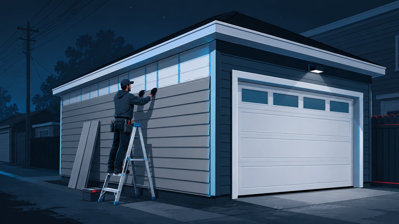 A crew member on a step ladder fastening a course of lap siding to a detached alley garage at night, with new white trim, a white sectional door, and stacked siding planks waiting on the ground.